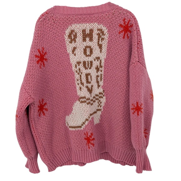 Bailey Rose Sweaters - Bailey Rose Chunky Cardigan Women S/M Pink Cowboy Boot Knit Oversized Western